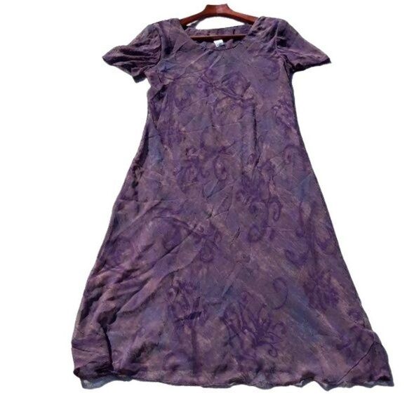 Vtg 80's Michael Blair Dress Short Sleeve Maxi Crinkle Tie-dye Plum Scroll Sz 14 - Picture 1 of 8